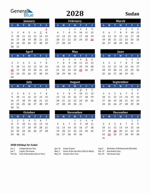 2028 Sudan Holiday Calendar