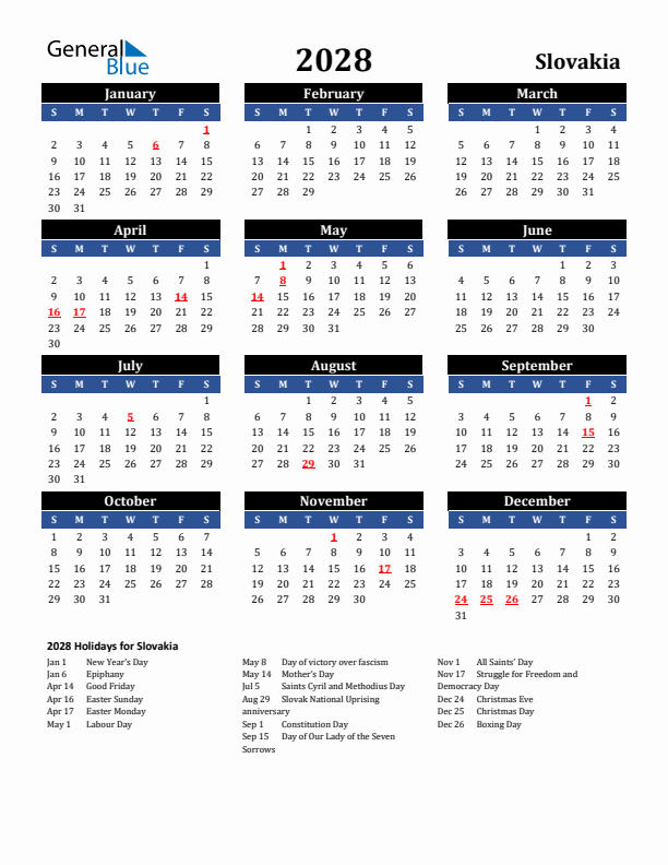 2028 Slovakia Holiday Calendar