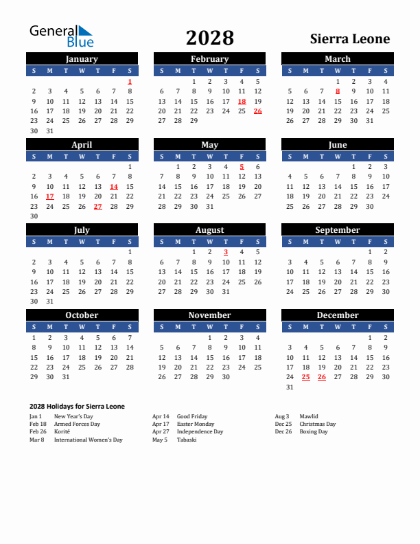 2028 Sierra Leone Holiday Calendar