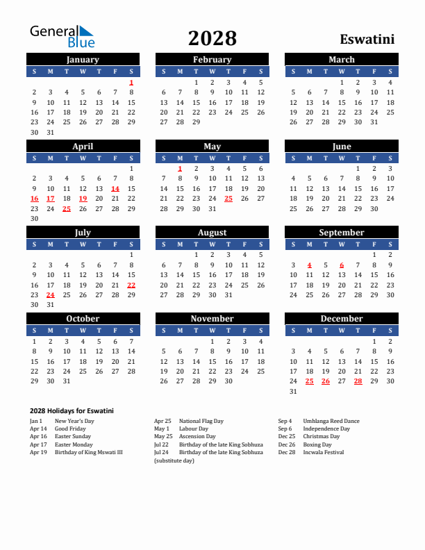 2028 Eswatini Holiday Calendar