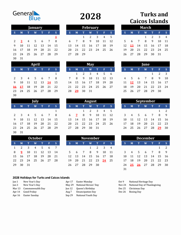 2028 Turks and Caicos Islands Holiday Calendar