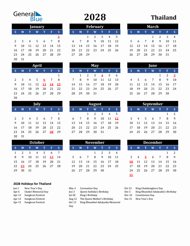 2028 Thailand Holiday Calendar