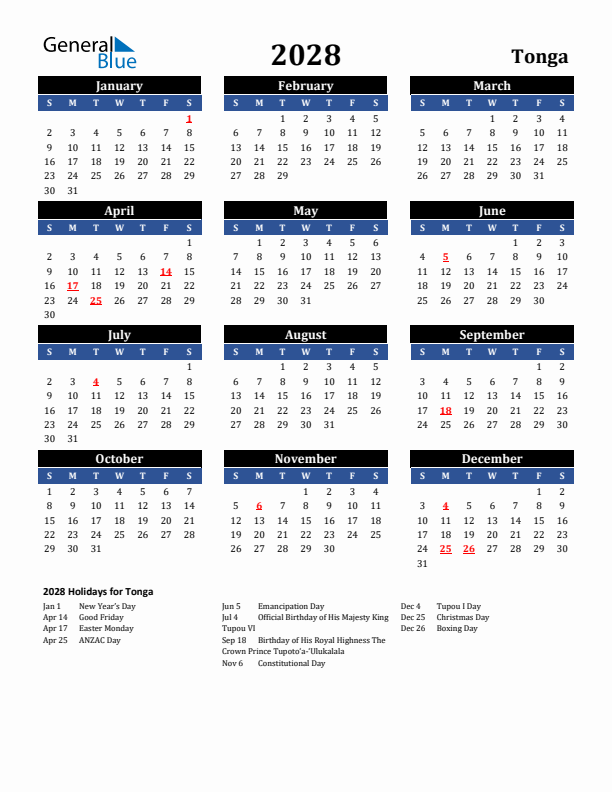 2028 Tonga Holiday Calendar