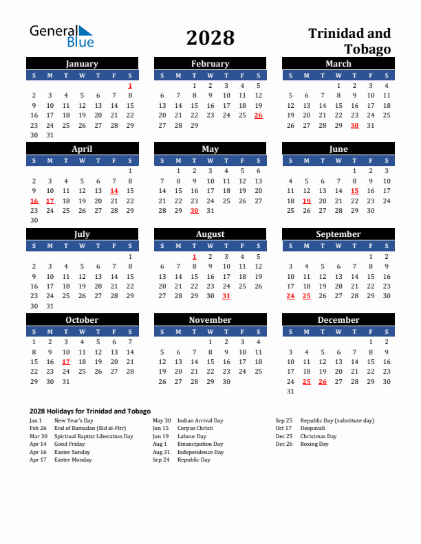 2028 Trinidad and Tobago Holiday Calendar