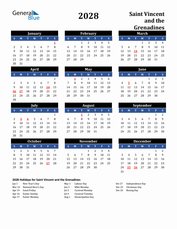 2028 Saint Vincent and the Grenadines Holiday Calendar