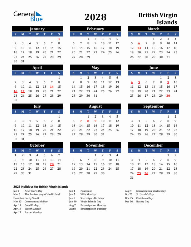 2028 British Virgin Islands Holiday Calendar