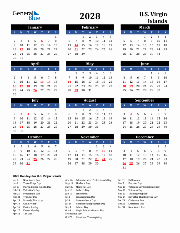 2028 U.S. Virgin Islands Holiday Calendar