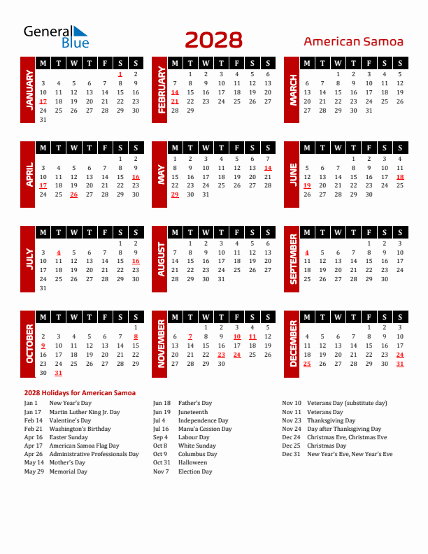 Download American Samoa 2028 Calendar - Monday Start