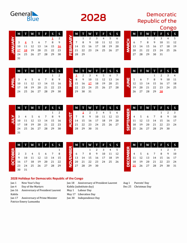 Download Democratic Republic of the Congo 2028 Calendar - Monday Start