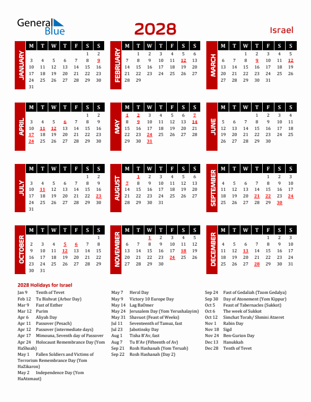 Download Israel 2028 Calendar - Monday Start