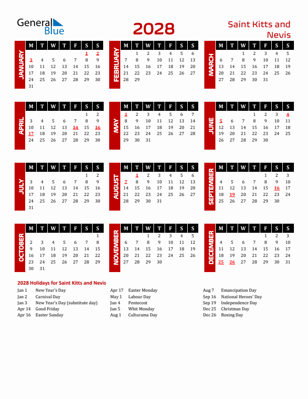 Download Saint Kitts and Nevis 2028 Calendar - Monday Start