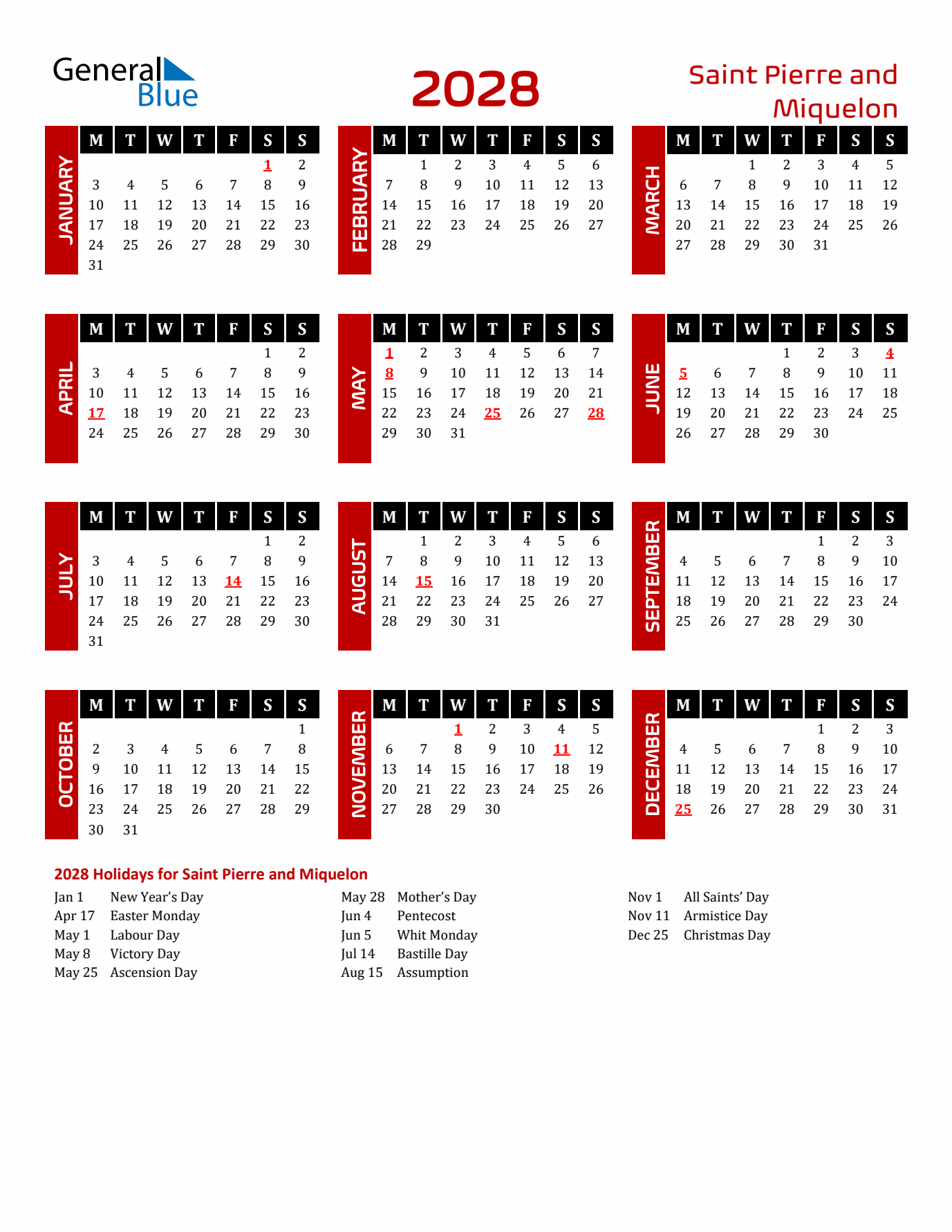 Download Saint Pierre and Miquelon 2028 Calendar - Monday Start