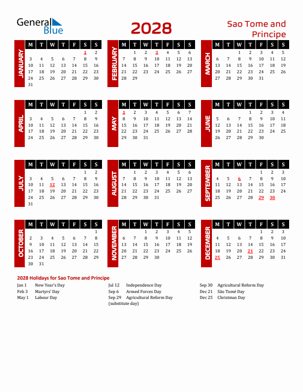 Download Sao Tome and Principe 2028 Calendar - Monday Start