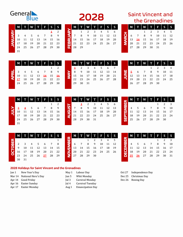 Download Saint Vincent and the Grenadines 2028 Calendar - Monday Start
