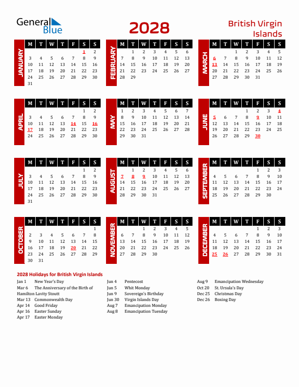 Download British Virgin Islands 2028 Calendar - Monday Start