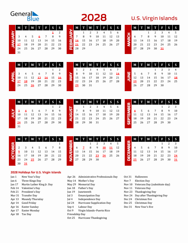 Download U.S. Virgin Islands 2028 Calendar - Monday Start