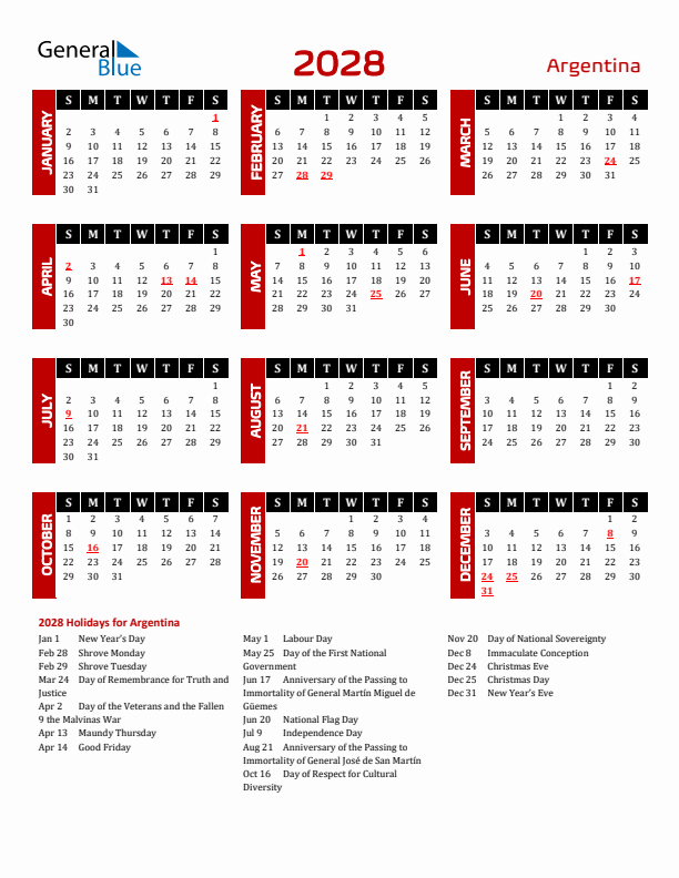 Download Argentina 2028 Calendar - Sunday Start