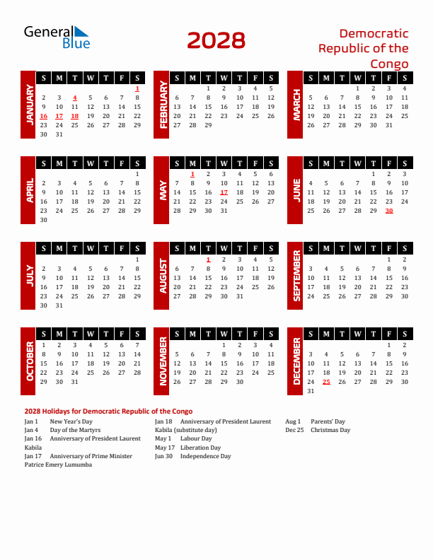 Download Democratic Republic of the Congo 2028 Calendar - Sunday Start