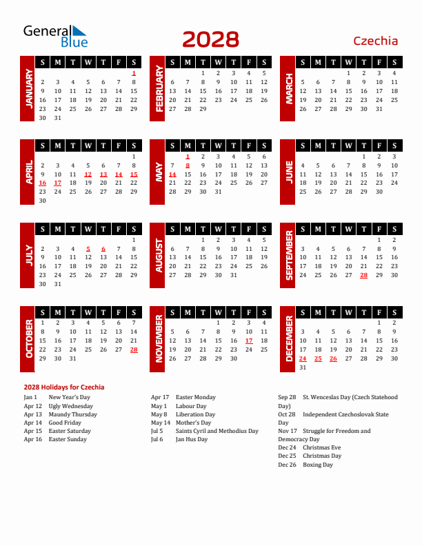 Download Czechia 2028 Calendar - Sunday Start