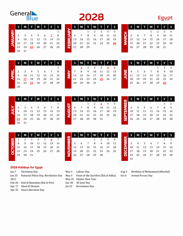 Download Egypt 2028 Calendar - Sunday Start