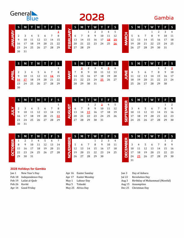 Download Gambia 2028 Calendar - Sunday Start
