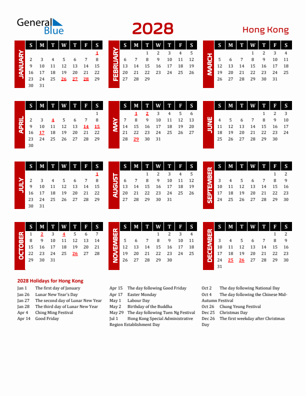 Download Hong Kong 2028 Calendar - Sunday Start