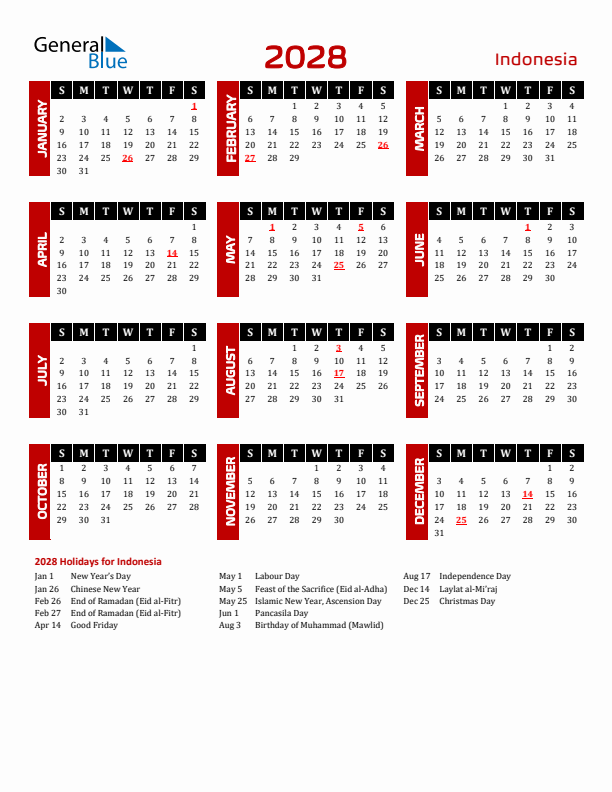 Download Indonesia 2028 Calendar - Sunday Start