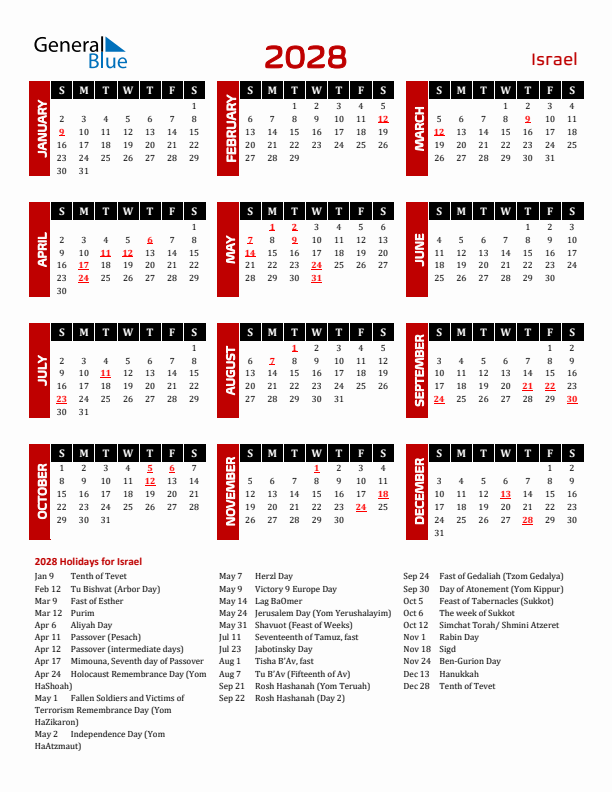 Download Israel 2028 Calendar - Sunday Start