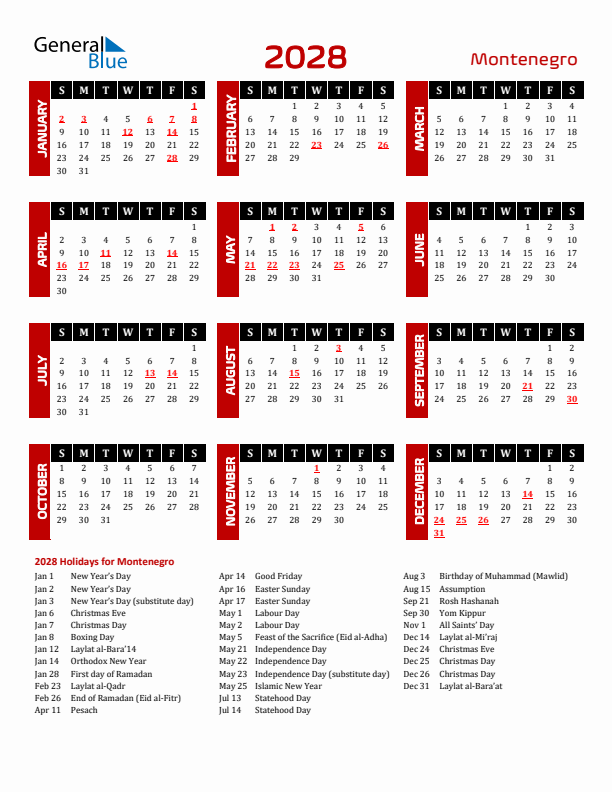 Download Montenegro 2028 Calendar - Sunday Start