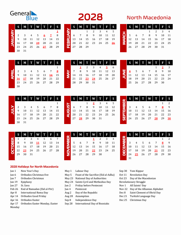 Download North Macedonia 2028 Calendar - Sunday Start