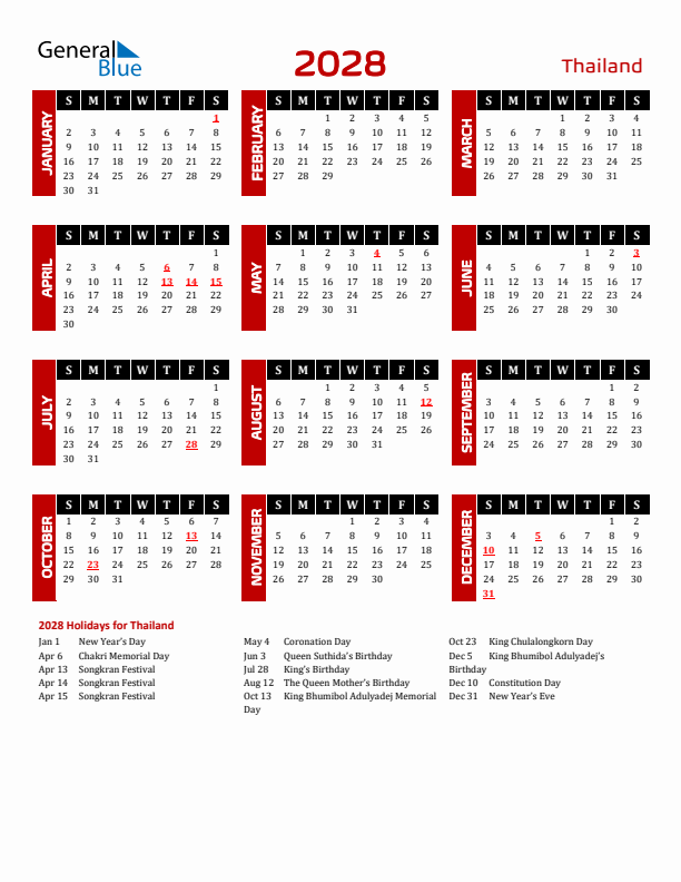 Download Thailand 2028 Calendar - Sunday Start
