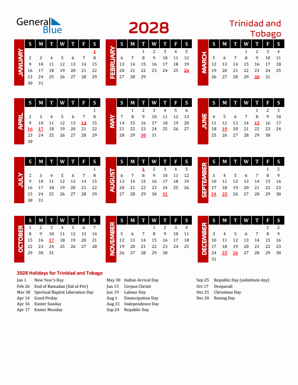 Download Trinidad and Tobago 2028 Calendar - Sunday Start