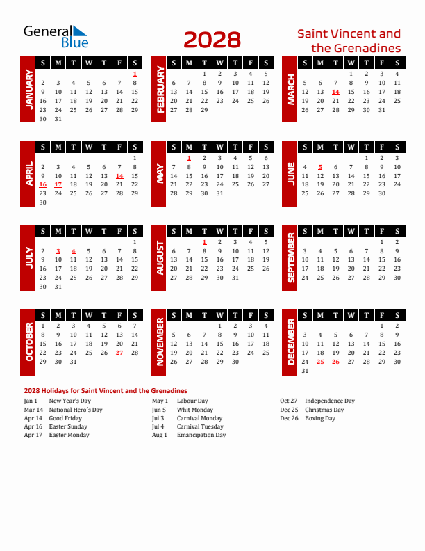 Download Saint Vincent and the Grenadines 2028 Calendar - Sunday Start