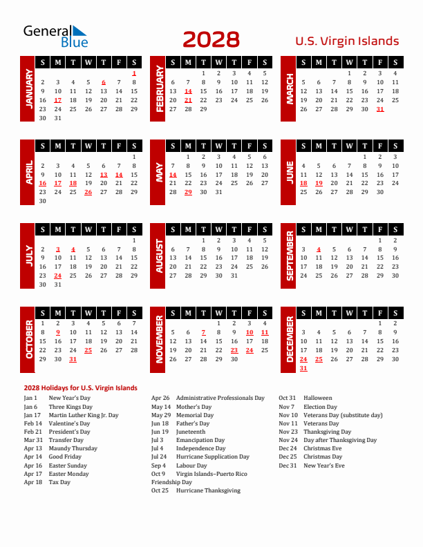Download U.S. Virgin Islands 2028 Calendar - Sunday Start