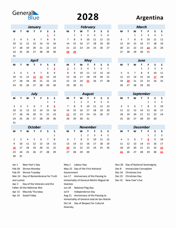 2028 Calendar for Argentina with Holidays