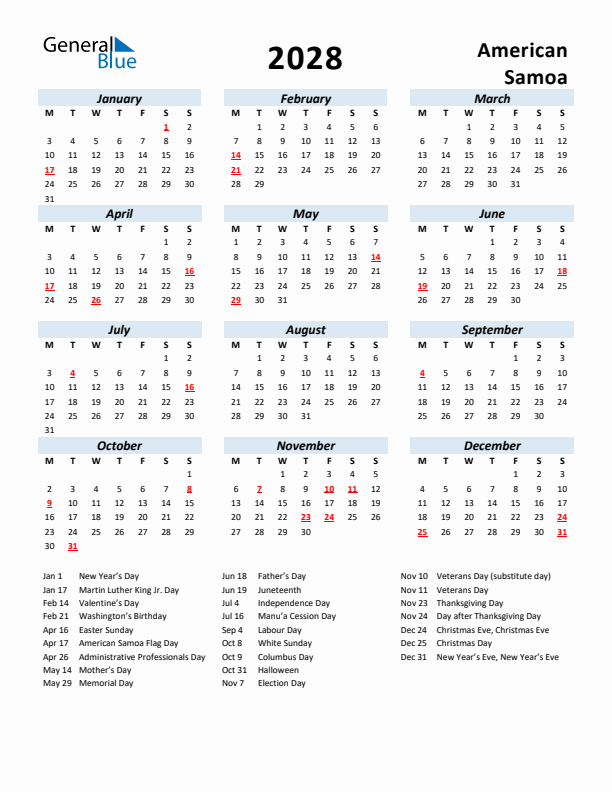 2028 Calendar for American Samoa with Holidays