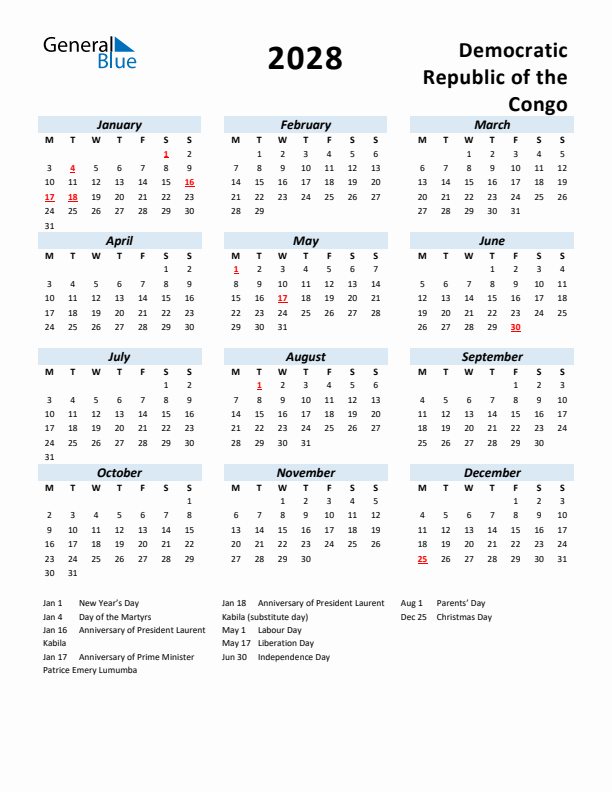 2028 Calendar for Democratic Republic of the Congo with Holidays