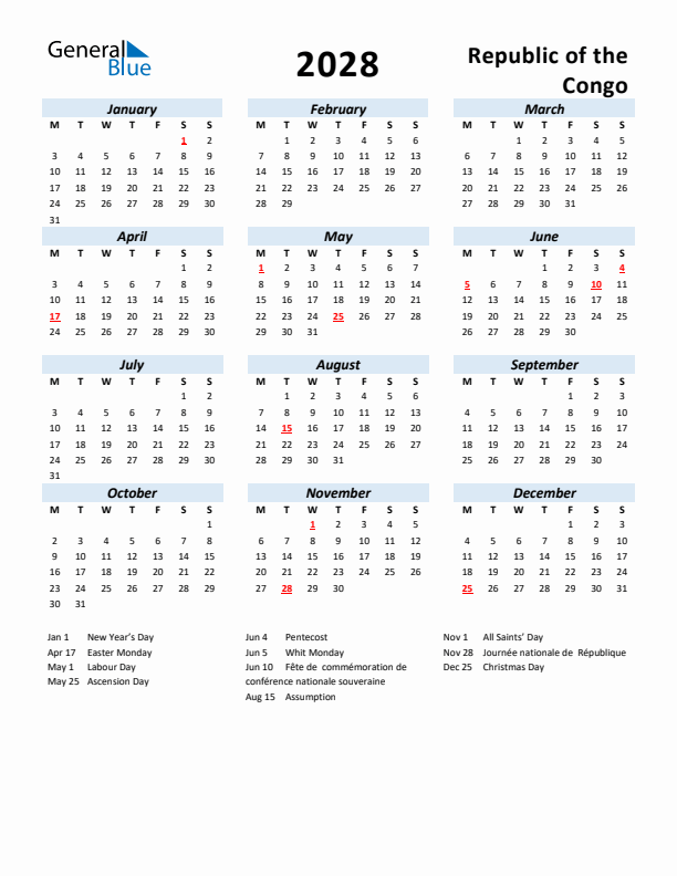 2028 Calendar for Republic of the Congo with Holidays
