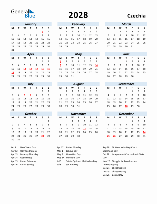 2028 Calendar for Czechia with Holidays