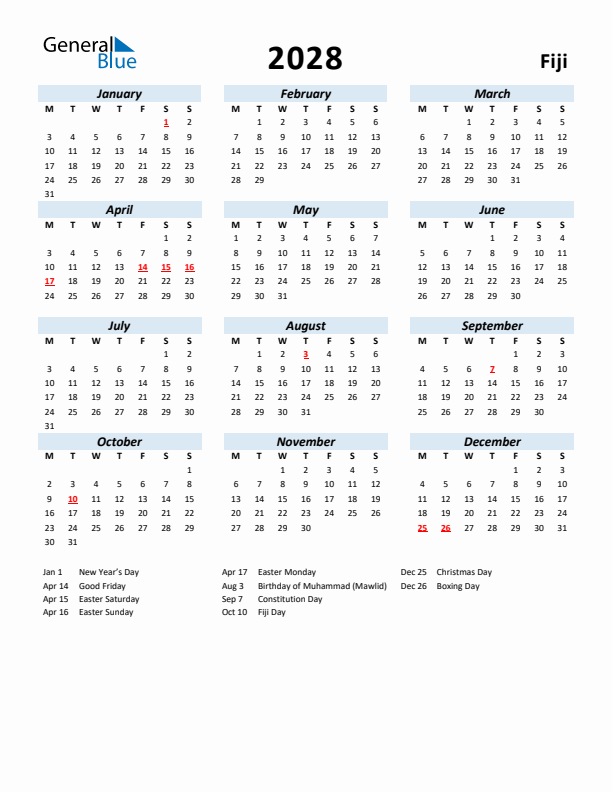 2028 Calendar for Fiji with Holidays