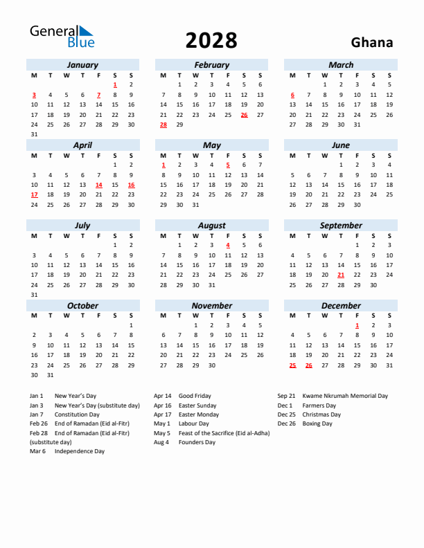 2028 Calendar for Ghana with Holidays