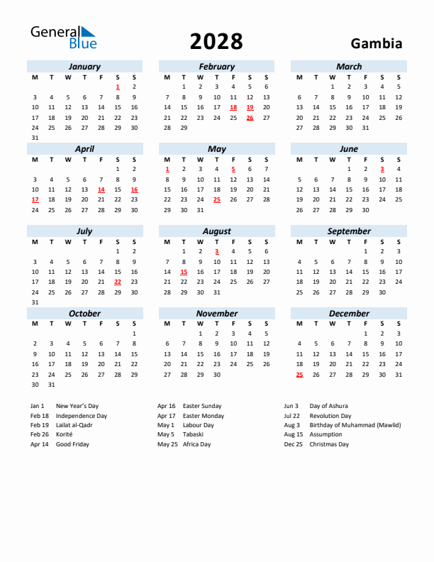 2028 Calendar for Gambia with Holidays