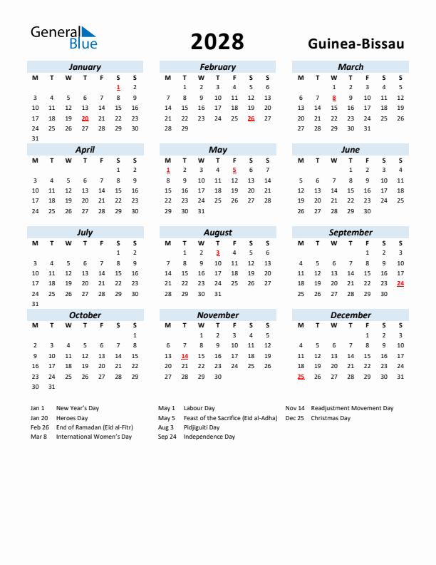 2028 Calendar for Guinea-Bissau with Holidays