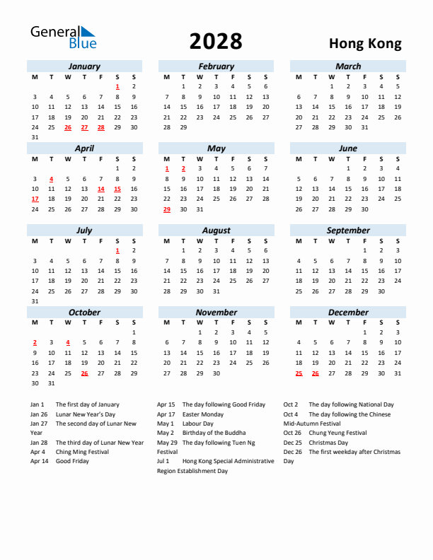 2028 Calendar for Hong Kong with Holidays