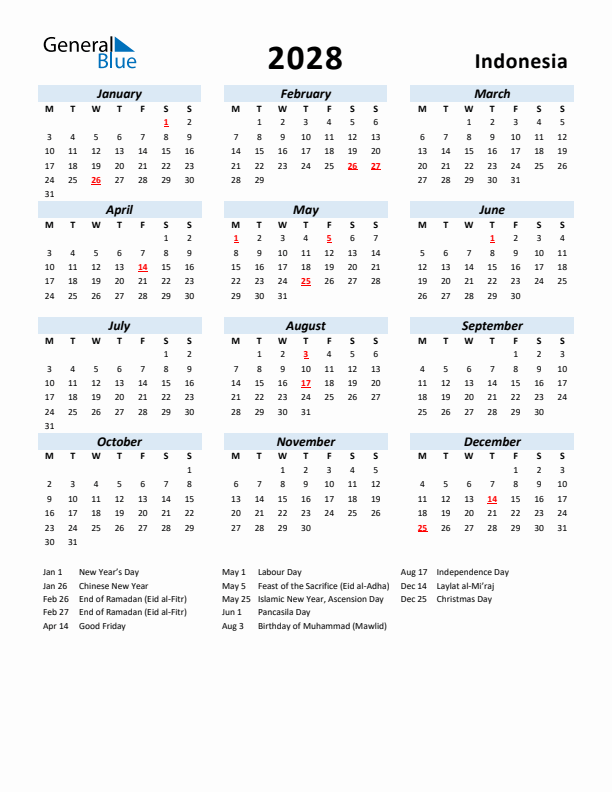 2028 Calendar for Indonesia with Holidays