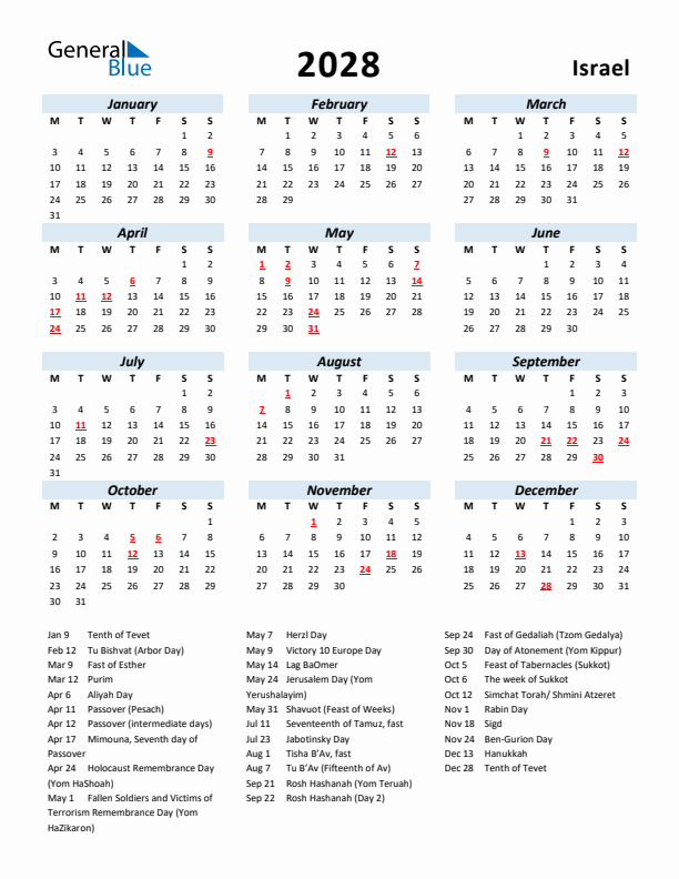 2028 Calendar for Israel with Holidays