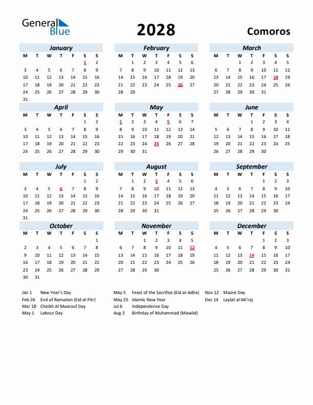 2028 Calendar for Comoros with Holidays