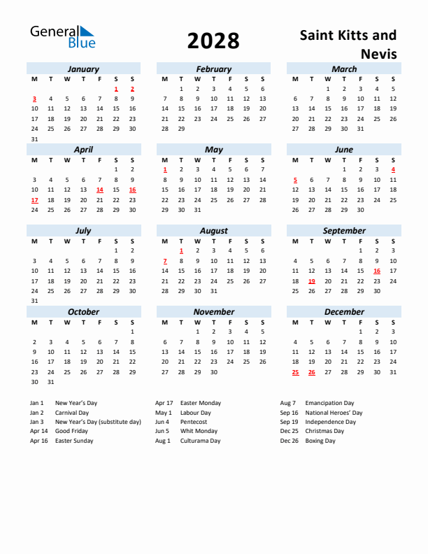 2028 Calendar for Saint Kitts and Nevis with Holidays
