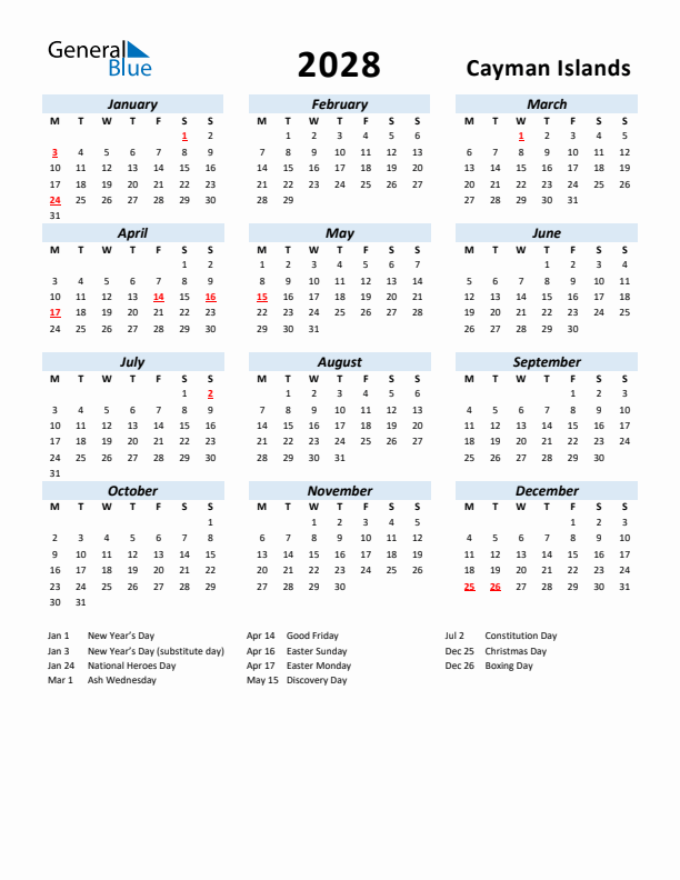 2028 Calendar for Cayman Islands with Holidays
