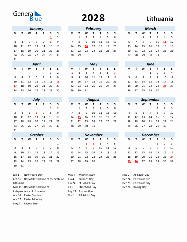 2028 Calendar for Lithuania with Holidays